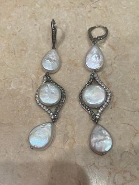 Signed Judith Jack 925 Cultured Pearl Drop Earrings w/ Pavé Accents & Marcasites